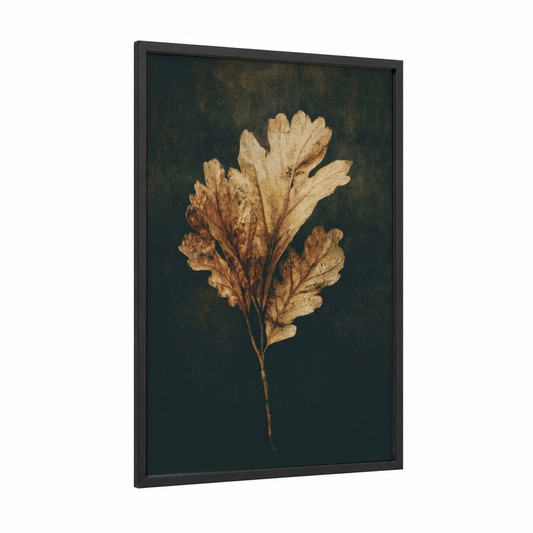 Golden Autumn Leaf framed art print — black wood frame — gold and dove gray palette