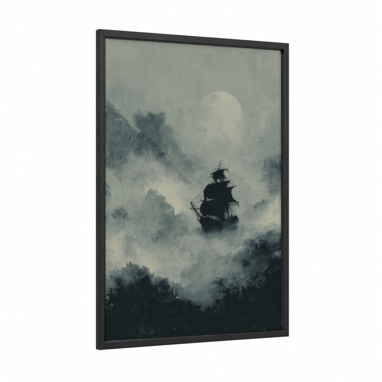 Phantom Ship framed dark fantasy print — black wood frame — black and white and gray palette