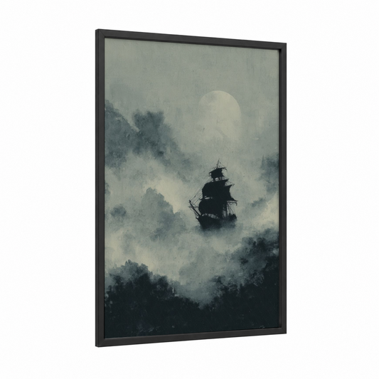 Phantom Ship framed dark fantasy print — black wood frame — black and white and gray palette