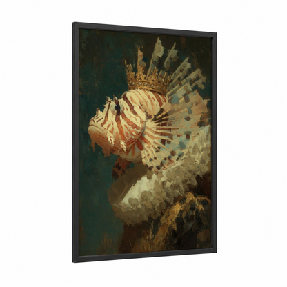 Striped Lionfish framed art print — black wood frame — cream and dark green palette