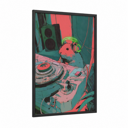 DJ Hamster framed art print — black wood frame — magenta and teal palette