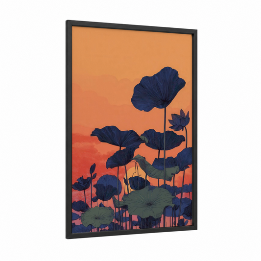 Sunset Lotus framed art print — black wood frame — orange and blue palette