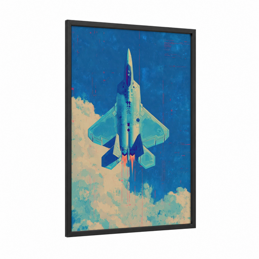 Stealth Fighter Ascending framed military plane print — black wood frame — blue and turquoise palette