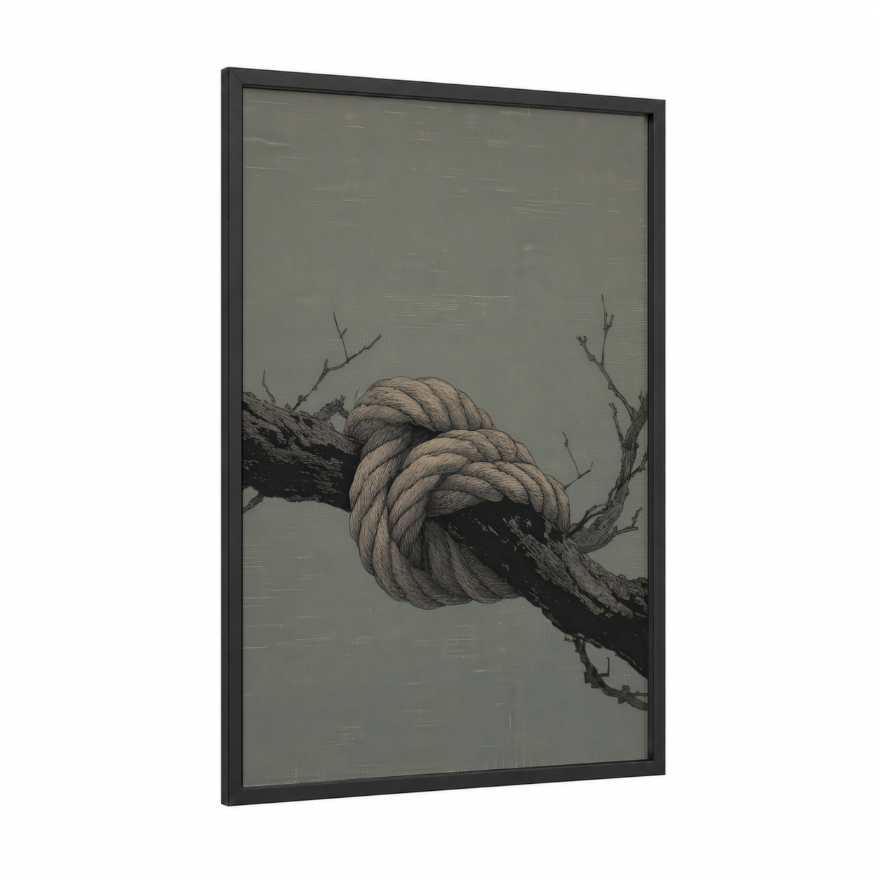 Nautical Knot Study framed rope knots print — black wood frame — gray and black and white palette