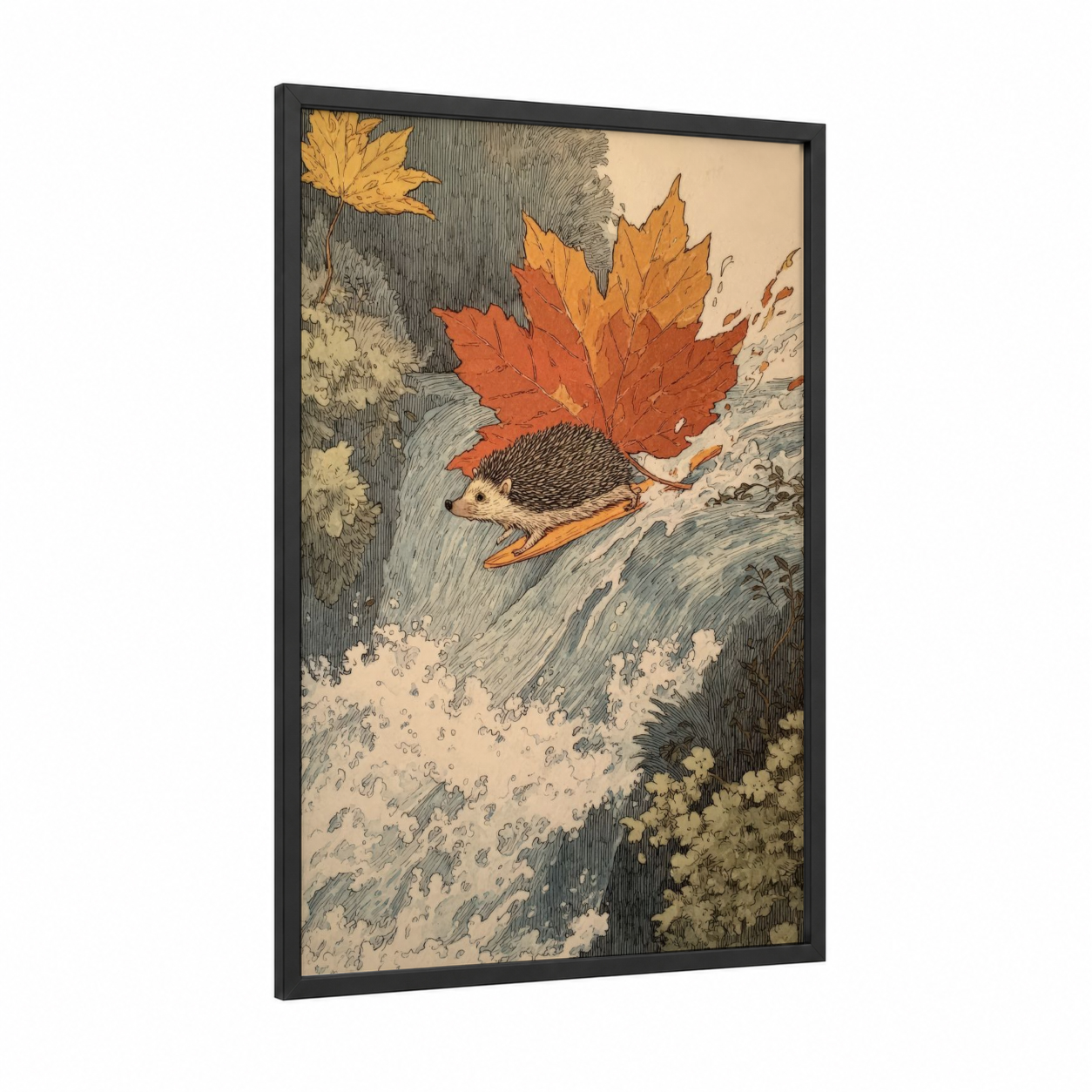 Autumn Hedgehog framed art print — black wood frame — russet and cream palette