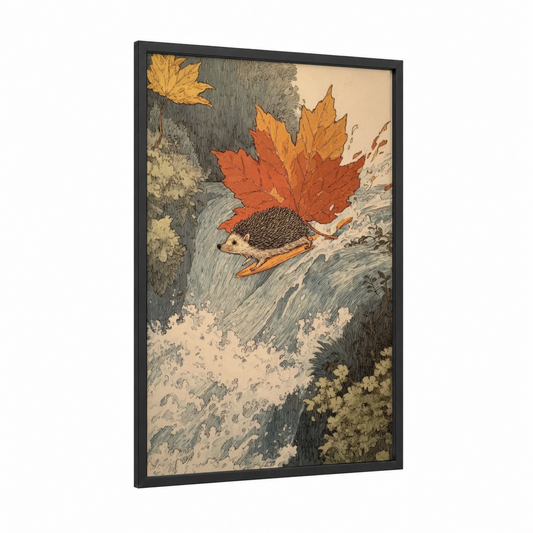 Autumn Hedgehog framed art print — black wood frame — russet and cream palette