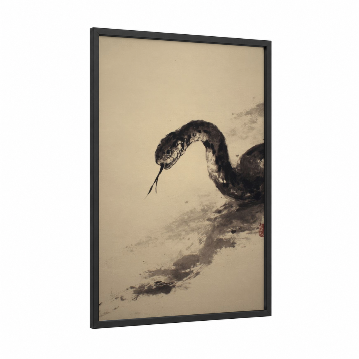 Coiled Rattlesnake framed art print — black wood frame — black and white and beige palette