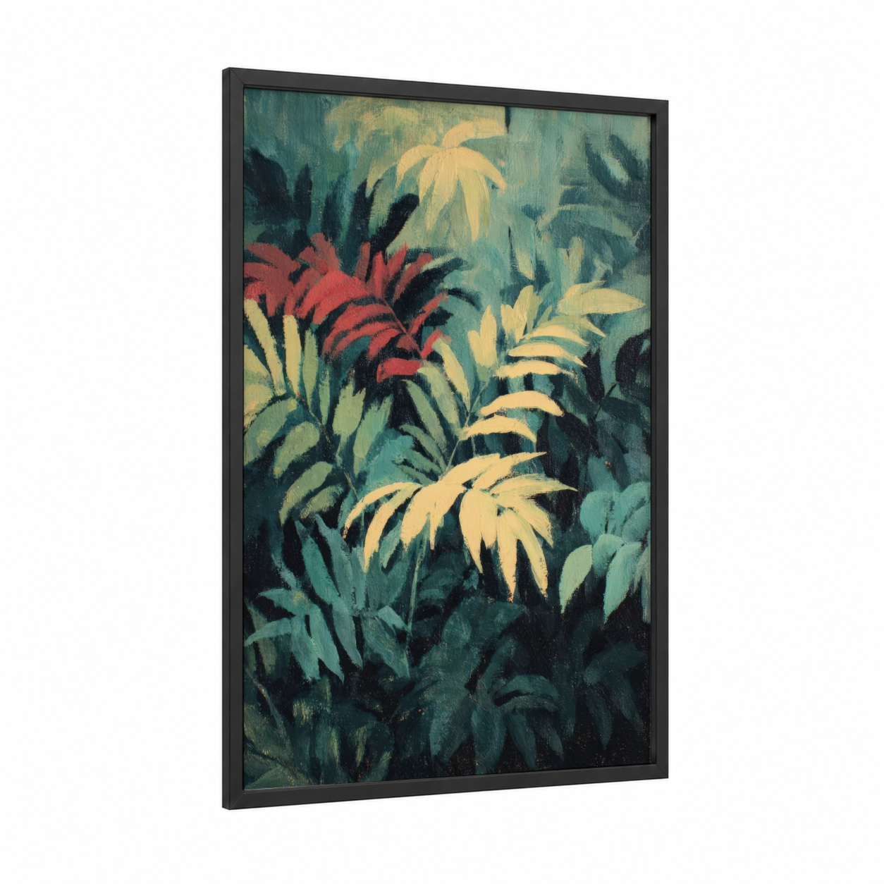 Tropical Palm Garden framed palm tree print — black wood frame — teal and gold palette