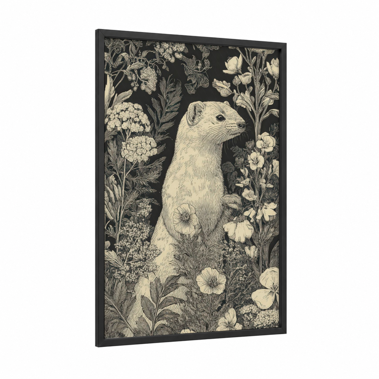 Garden Weasel framed art print — black wood frame — black and white and cream palette