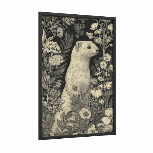 Garden Weasel framed art print — black wood frame — black and white and cream palette