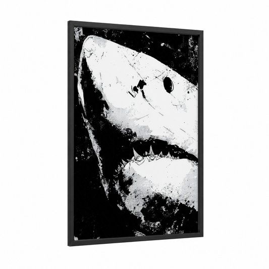 Apex Predator framed bull shark print — black wood frame — black and white palette