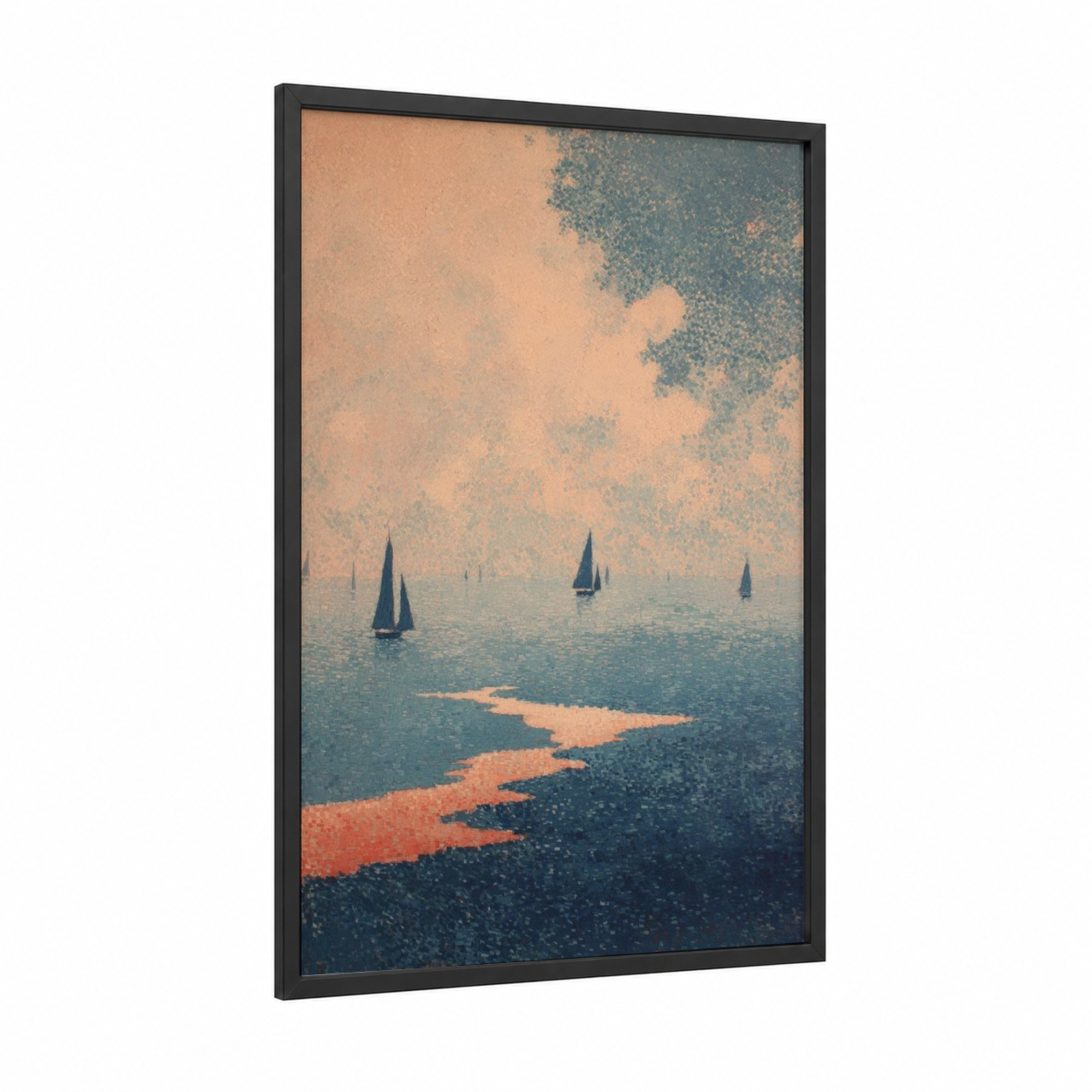 Golden Horizon Sailboats framed sailing ship print — black wood frame — peach and teal palette