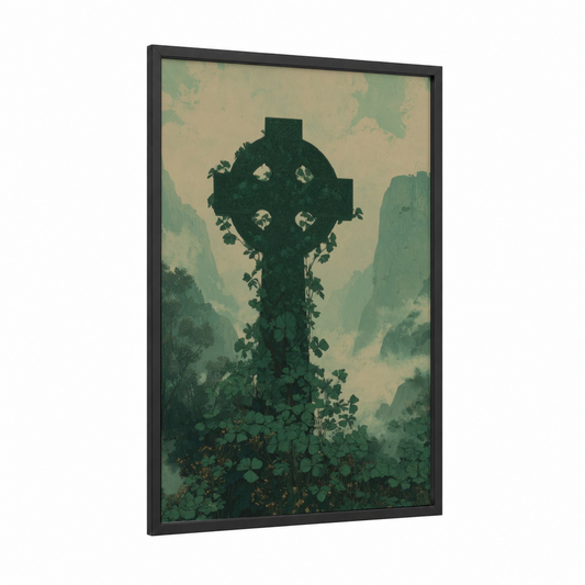 Mystical Celtic Cross framed st. patrick's day print — black wood frame — dark green and cream palette