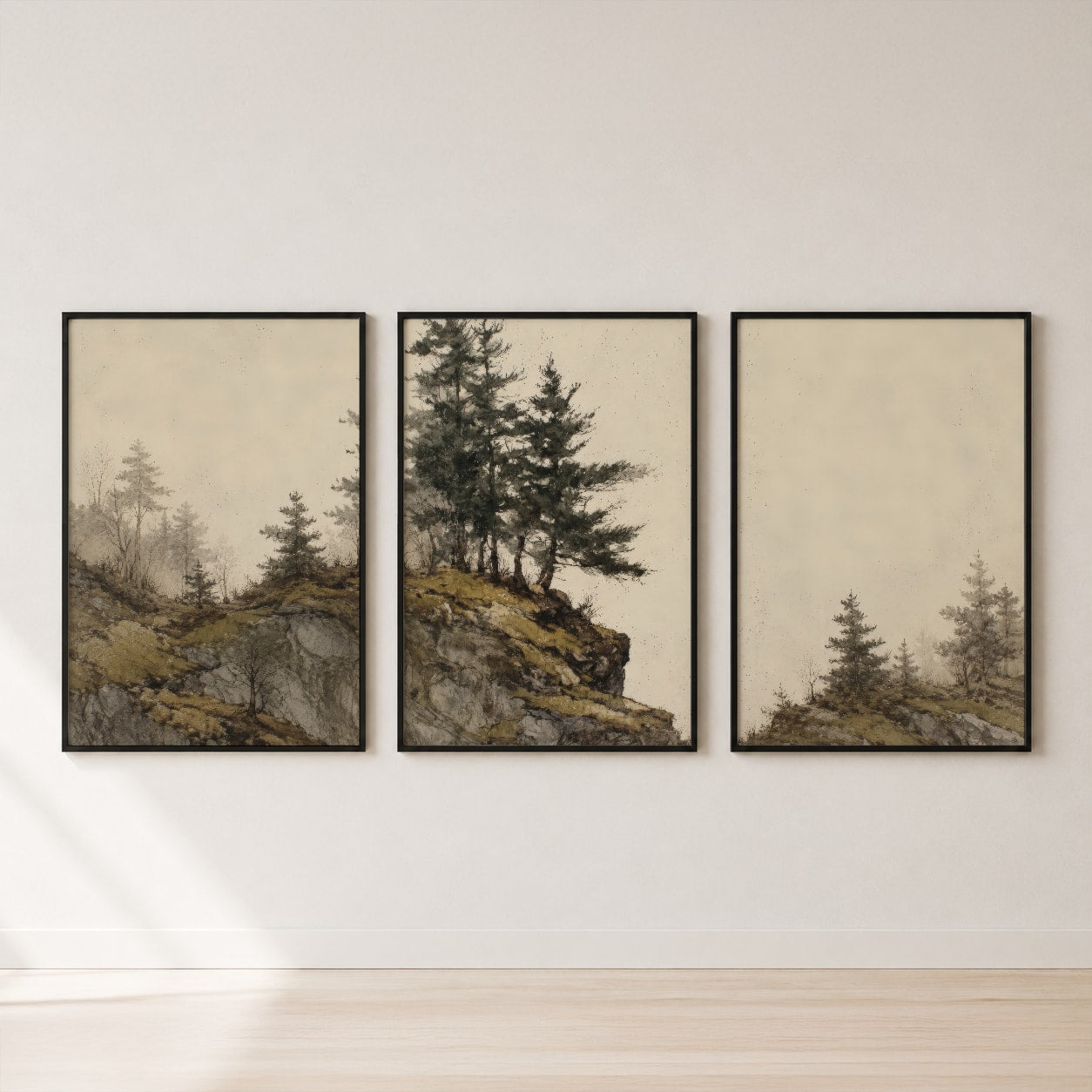 Misty Pine Cliff Triptych Wall Art Set — set hero