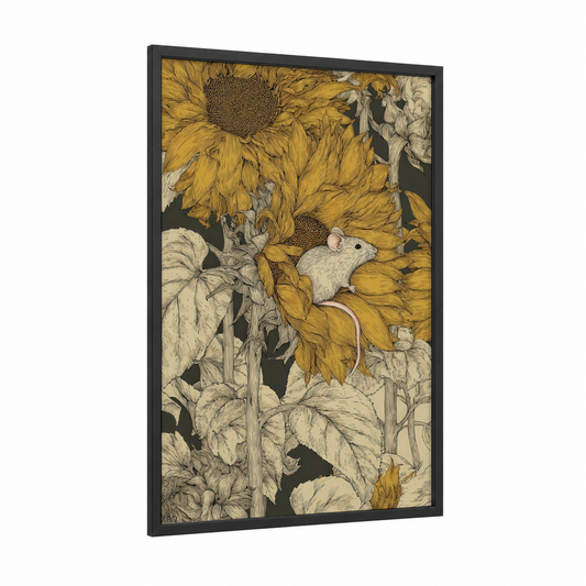 Sunflower Mice framed art print — black wood frame — yellow gold and black and white palette