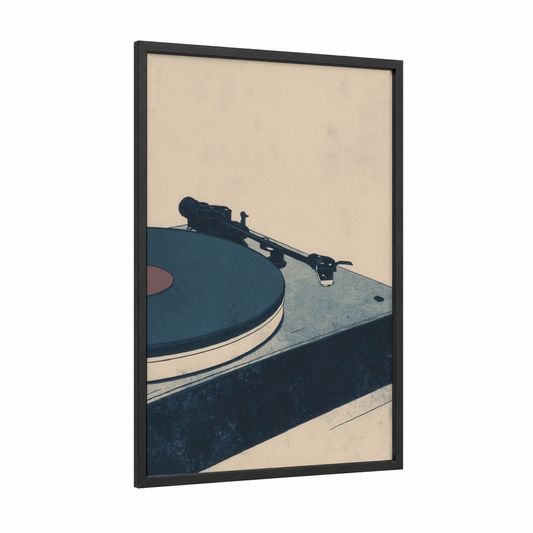 Vintage Turntable framed vinyl records print — black wood frame — teal and cream palette