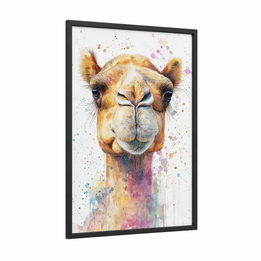Golden Camel Portrait framed art print — black wood frame — gold and pink palette
