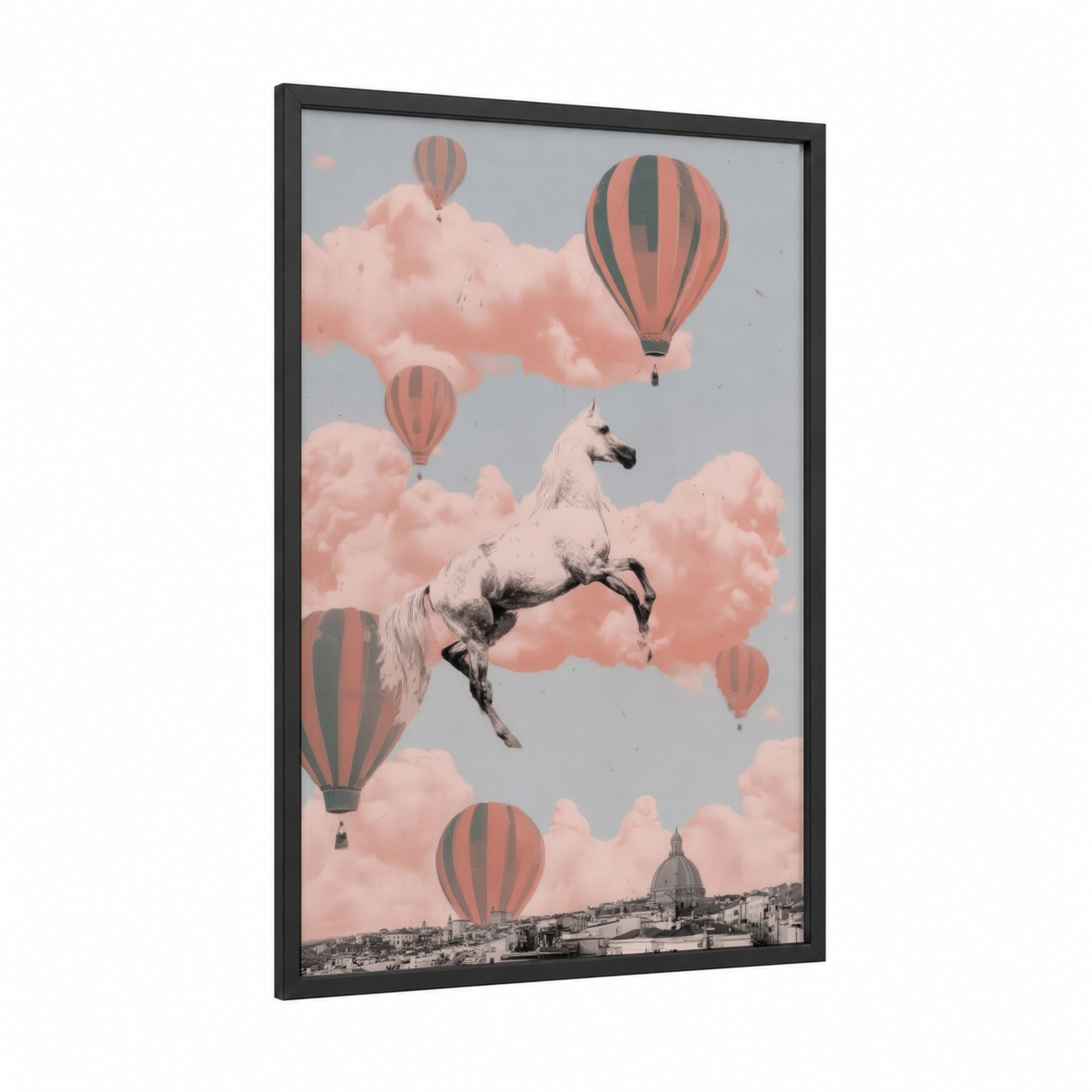 Celestial Arabian framed arabian horse print — black wood frame — peach and gray palette