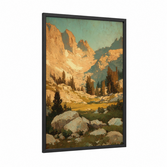 Alpine Sentinels framed sierra nevada print — black wood frame — gold and teal palette