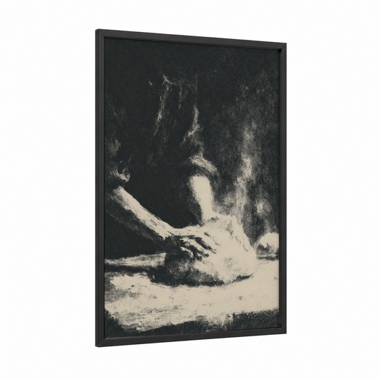 Flour Dust Hands framed baking print — black wood frame — black and white palette