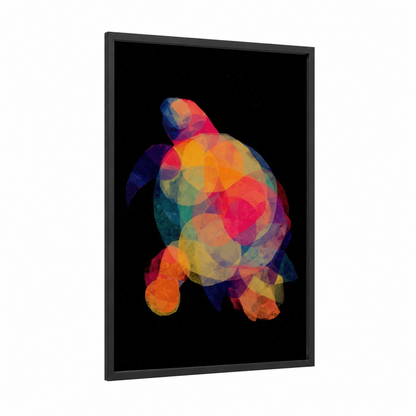 Geometric Sea Turtle framed art print — black wood frame — orange and blue palette