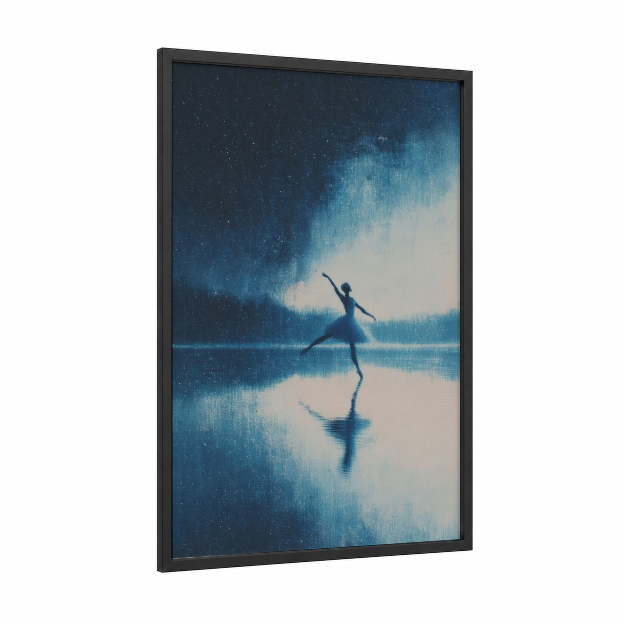 Starlit Ballet framed art print — black wood frame — dark blue and white palette
