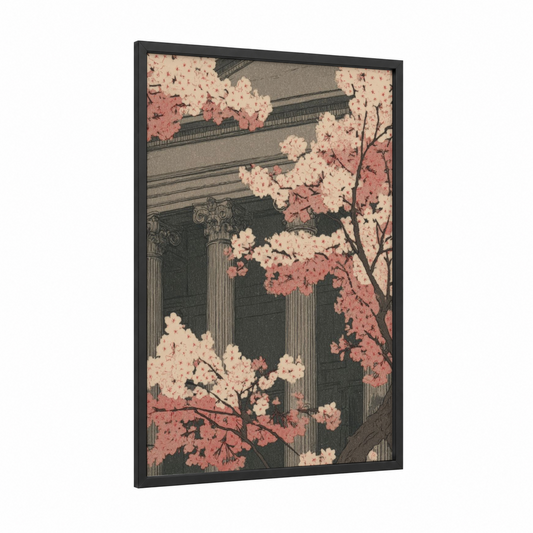 Pantheon Blossoms framed art print — black wood frame — black and white and salmon pink palette