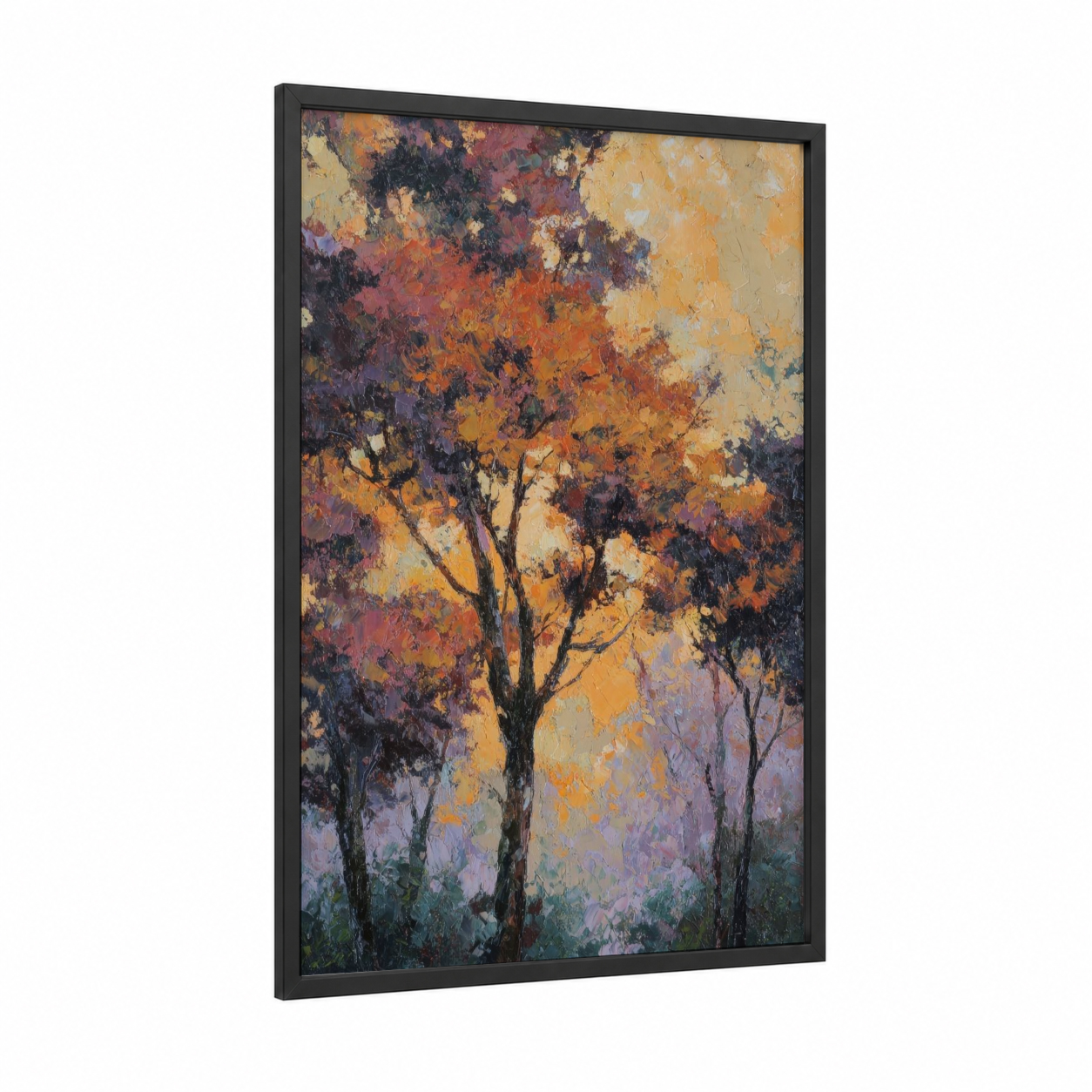 Golden Banyan Tree framed art print — black wood frame — gold and purple palette
