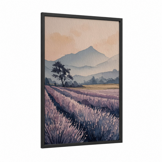Lavender Mountain Vista framed lavender field print — black wood frame — purple and blue palette