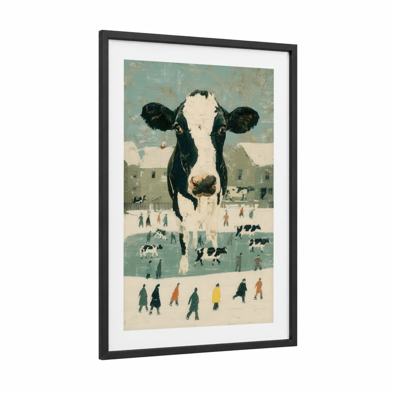 Giant Jersey Cow framed art print — black wood frame — sage green and cream palette