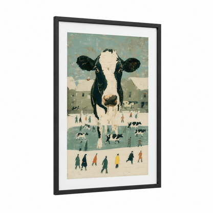 Giant Jersey Cow framed art print — black wood frame — sage green and cream palette