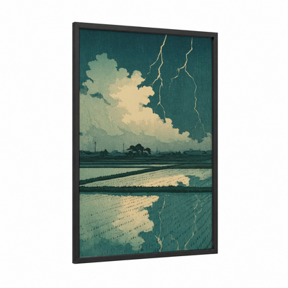 Stormy Field Lightning framed art print — black wood frame — teal and cream palette