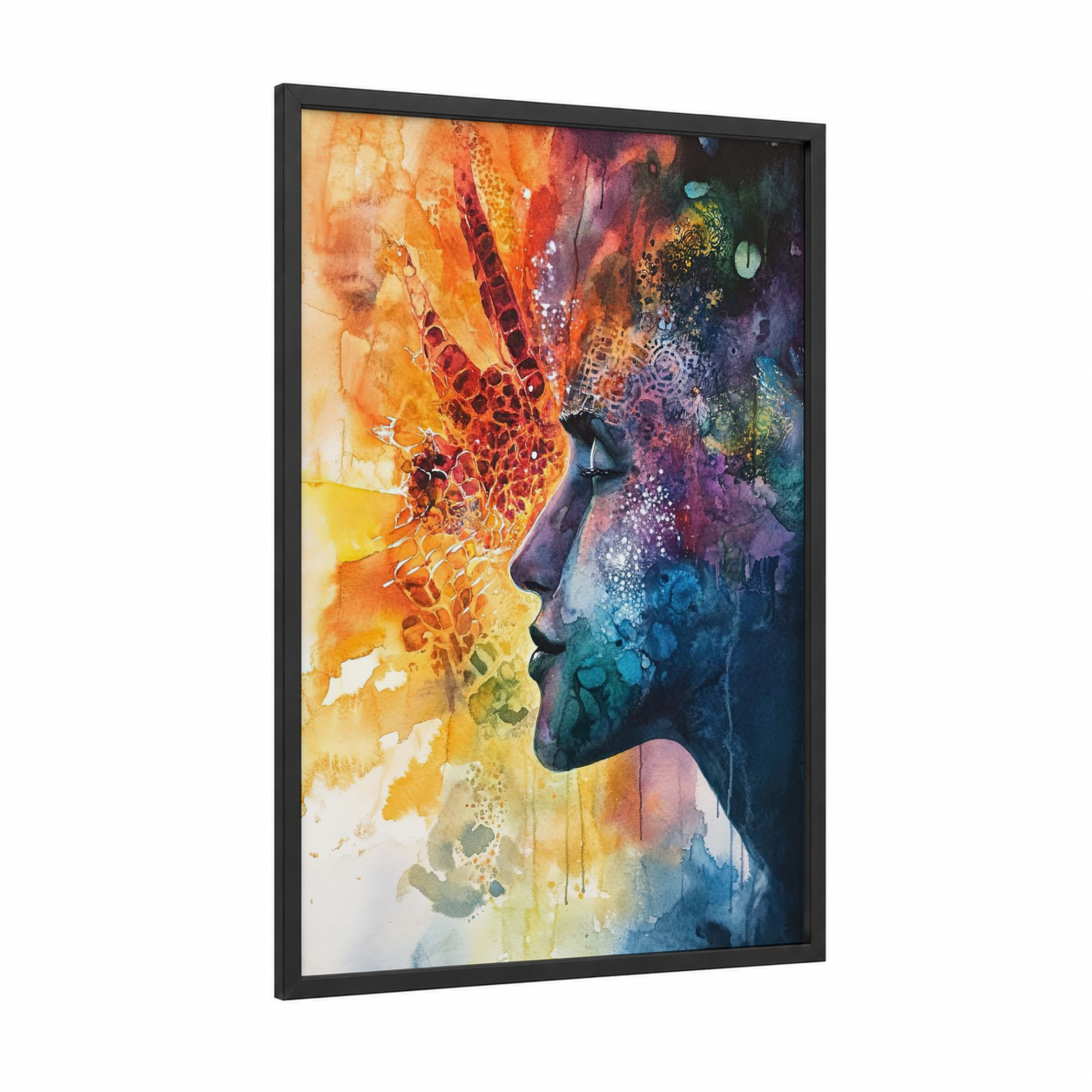 Chromatic Mind framed abstract expressionism print — black wood frame — gold and blue palette