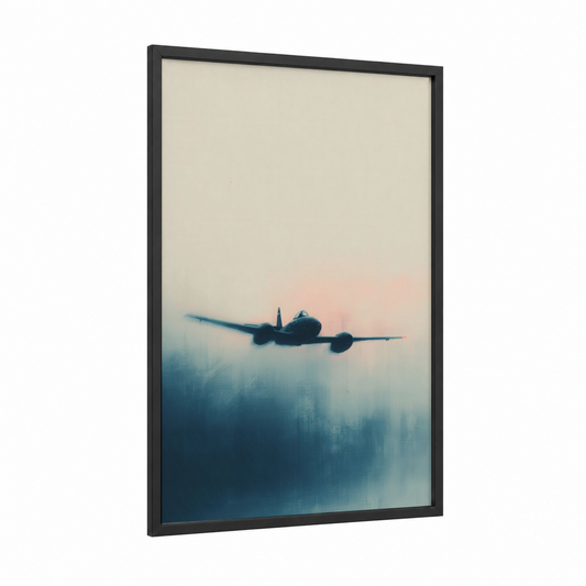 Misty Military Plane framed art print — black wood frame — blue and white and peach palette