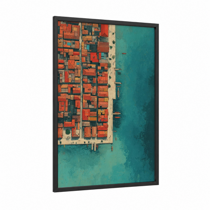 Coastal Paradise Aerial framed beach town print — black wood frame — russet and turquoise palette