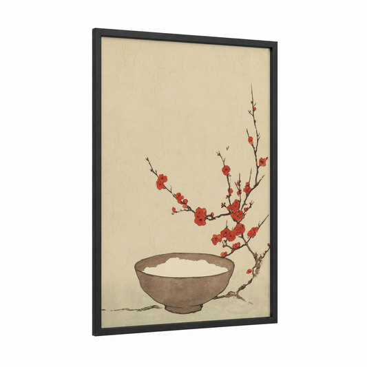 Crimson Blossom Bowl framed breakfast print — black wood frame — cream and red palette