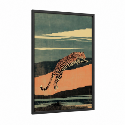 Leaping Leopard framed art print — black wood frame — sage green and peach palette