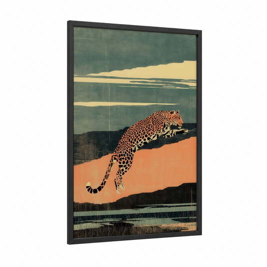 Leaping Leopard framed art print — black wood frame — sage green and peach palette