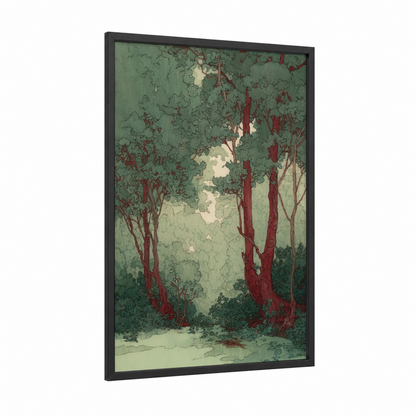 Crimson Forest Glade framed arbutus tree print — black wood frame — sage green and cream palette