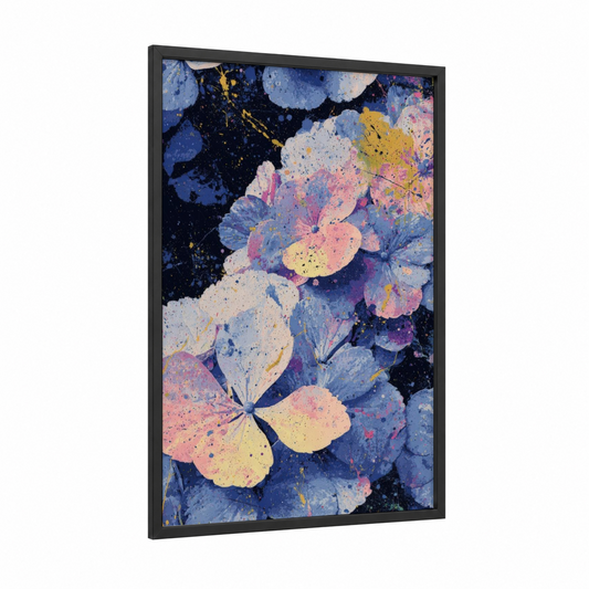 Midnight Hydrangea framed art print — black wood frame — blue and pink palette