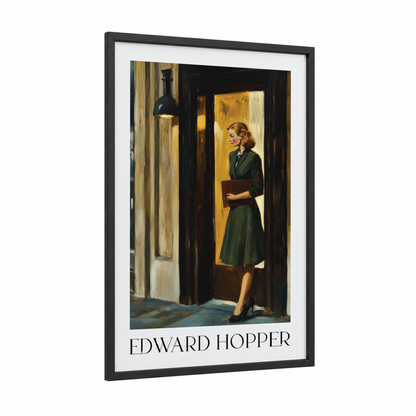 Office Arrival framed fashion illustration print — black wood frame — dark green and gold palette