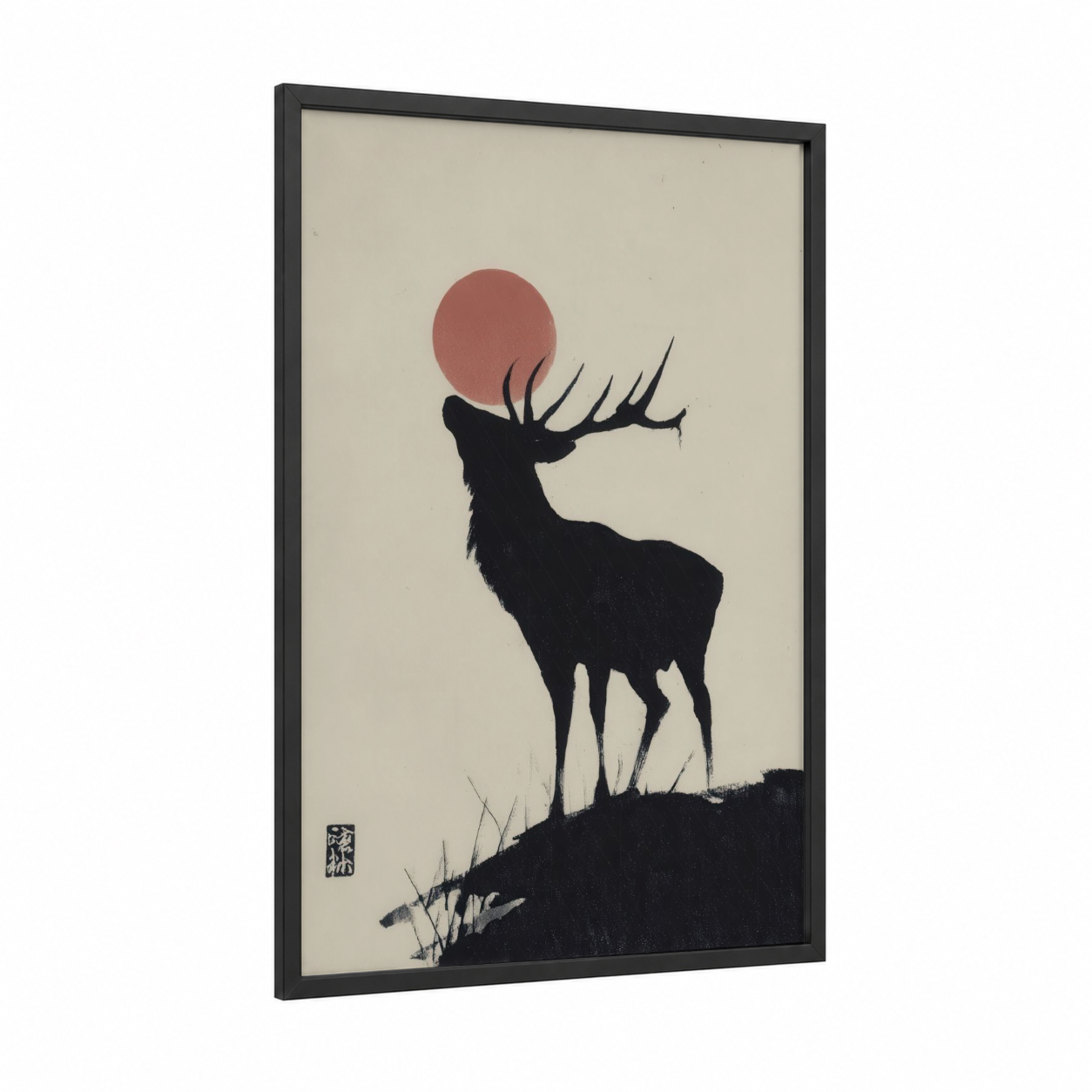 Sunset Elk framed art print — black wood frame — black and white and russet palette