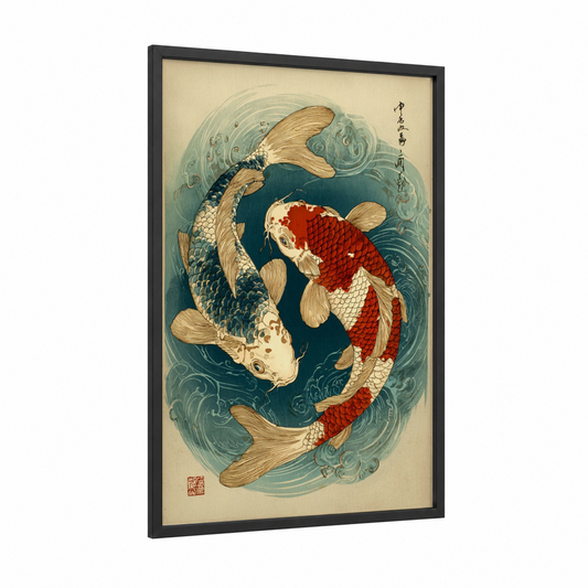 Yin Yang Koi framed koi fish print — black wood frame — dark blue and red palette