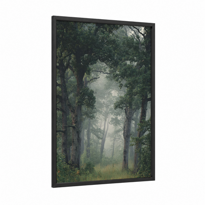 Misty Oak Forest framed art print — black wood frame — green and gray palette