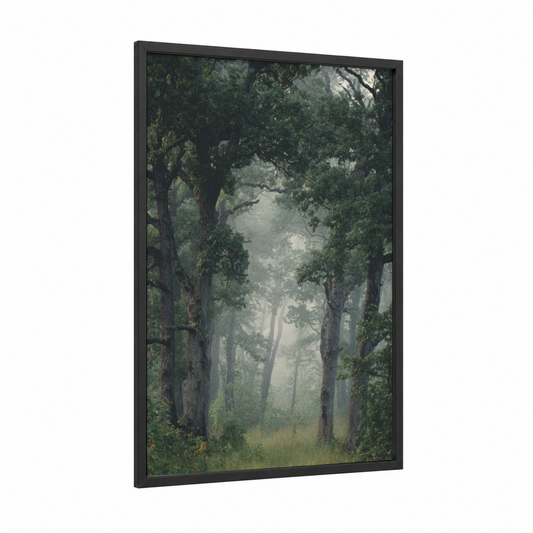 Misty Oak Forest framed art print — black wood frame — green and gray palette