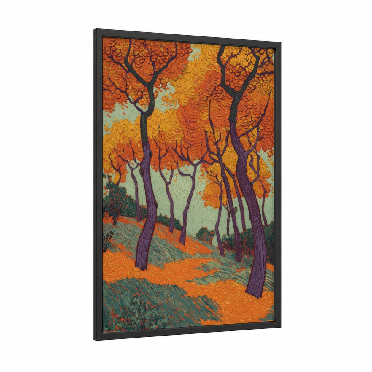 Golden Autumn Forest framed art print — black wood frame — orange and gold palette