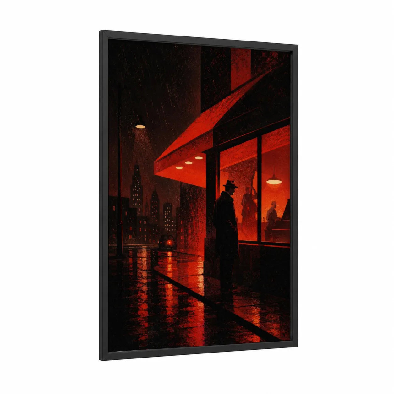 Noir City Rainy Night Wall Art framed skyscraper print — black wood frame — red and black and red palette