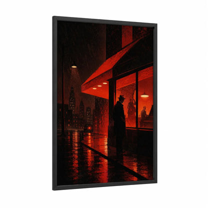 Noir City Rainy Night Wall Art framed skyscraper print — black wood frame — red and black and red palette