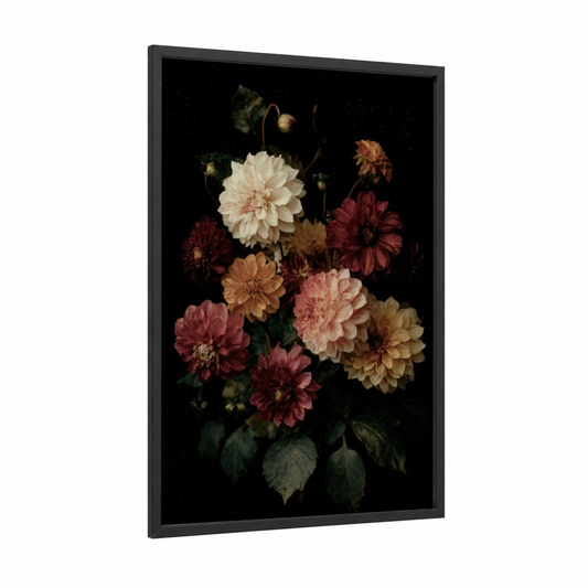 Moody Dahlia Bouquet framed art print — black wood frame — maroon and cream palette