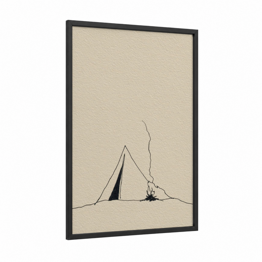 Minimalist Campfire framed camping print — black wood frame — beige and black palette
